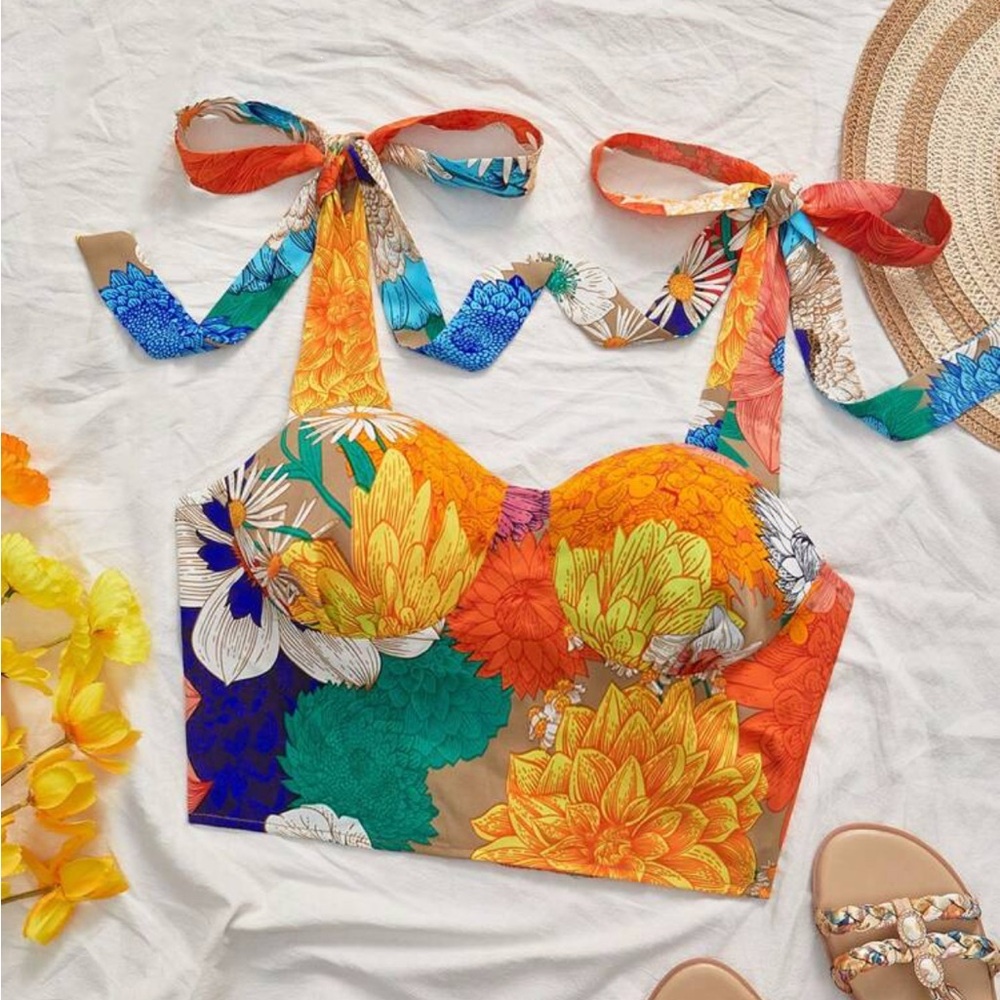 Floral Tie-Shoulder Bustier Crop Top - Multicolor